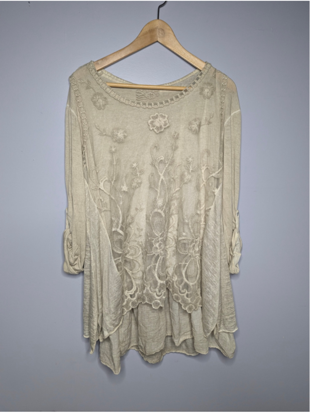 Made In Italy Boho Linen Blend Embroidered Lace Layered Lagenlook Tunic Top OS